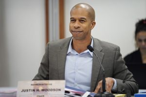 House of Representatives education committee chair Justin Woodson attends a hearing Tuesday, Jan. 30, 2024, in Honolulu. (Kevin Fujii/Civil Beat/2024)