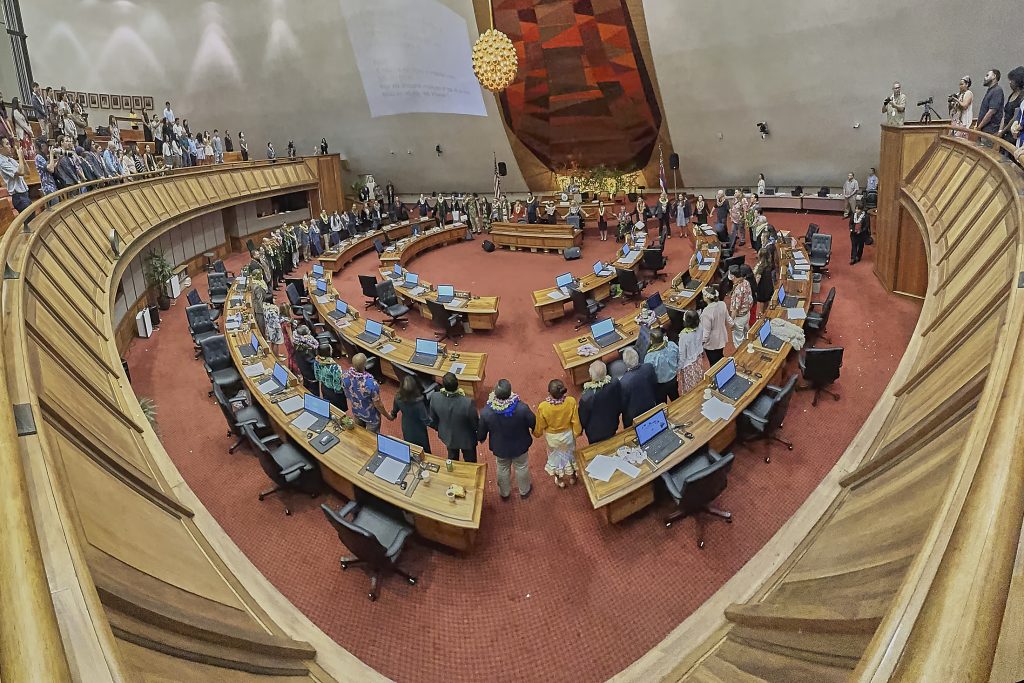 The House of Representatives concluded their final session of the 2024 Legislative season with Lei presentations to three legislators who combined to provide 46 years of service to their communities. Betrand Kobayashi, Cedric Gates and Scot Matayoshi all conclude their service with the end of this session (David Croxford/Civil Beat/2024)