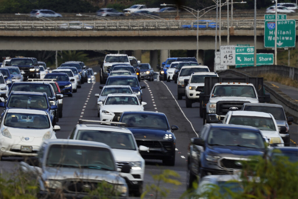 Ewa-bound traffic is photographed Tuesday, July 16, 2024, in Waipahu. (Kevin Fujii/Civil Beat/2024)