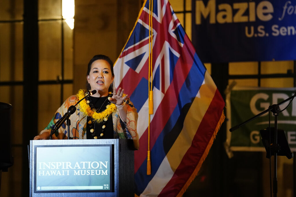 U.S. Rep. Jill Tokuda speaks during the Democrats election night watch party Tuesday, Nov. 5, 2024, in Honolulu. (Kevin Fujii/Civil Beat/2024)