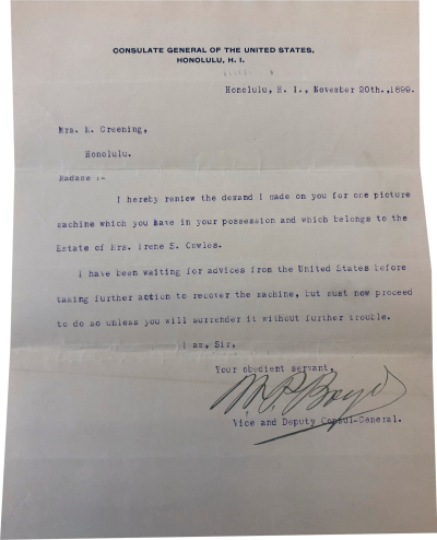 Newspaper clipping from the Honolulu Advertiser with details for the estate auction of Irene Cowles.