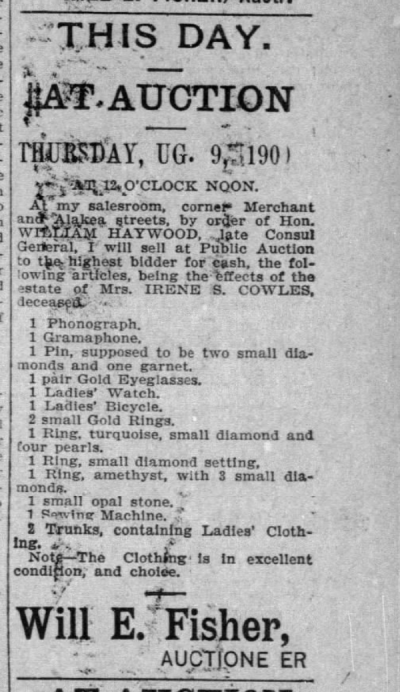 Newspaper clipping from the Honolulu Advertiser with details for the estate auction of Irene Cowles.