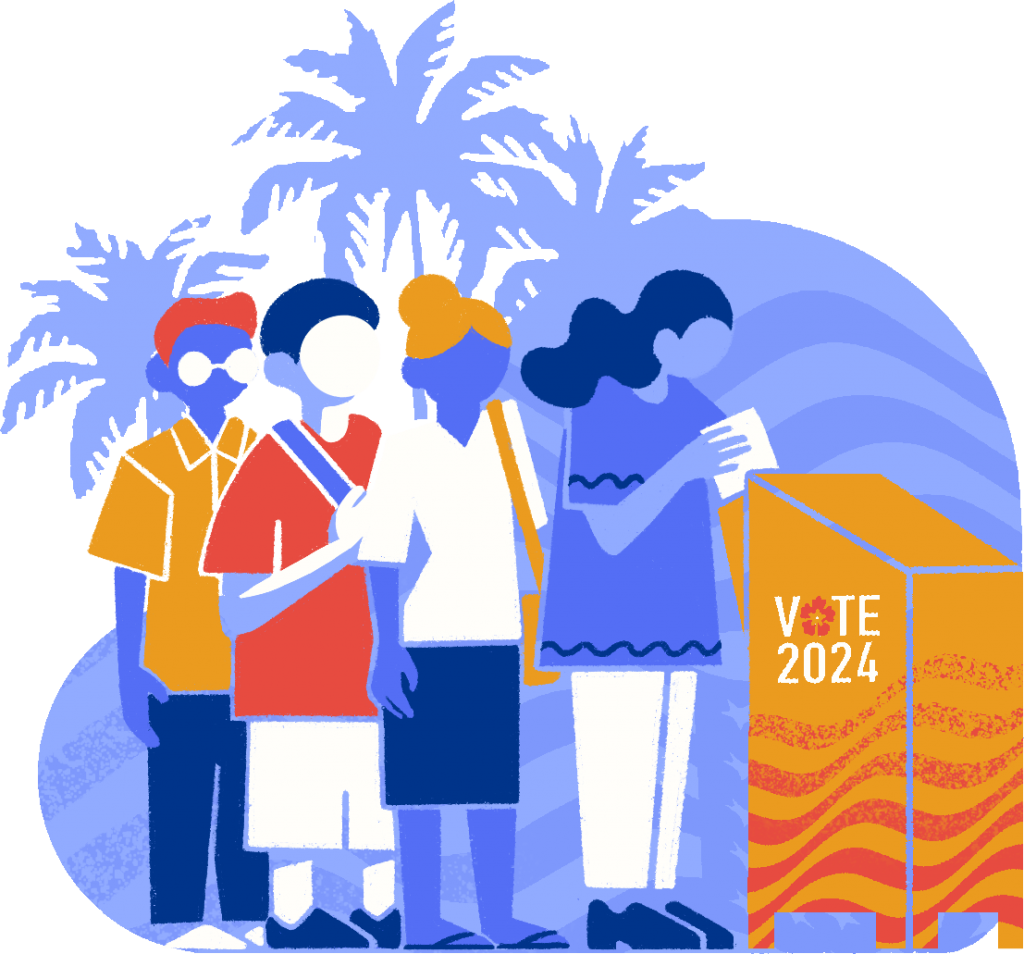 Illustration of a group of people in line at a ballot drop box