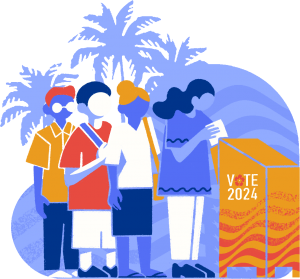 Illustration of a group of people in line at a ballot drop box